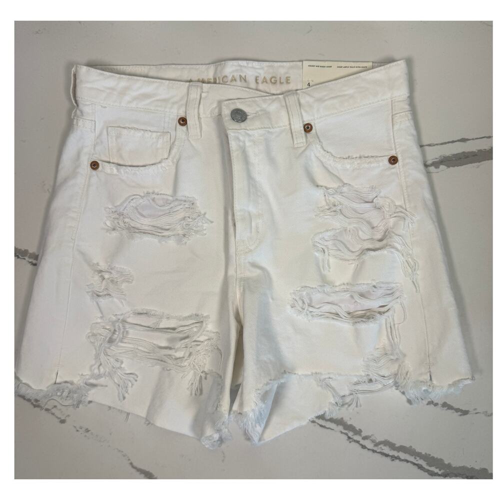 NWT American Eagle Highest Rise Baggy Short White Denim Fray Hem Cut Off Size 4=